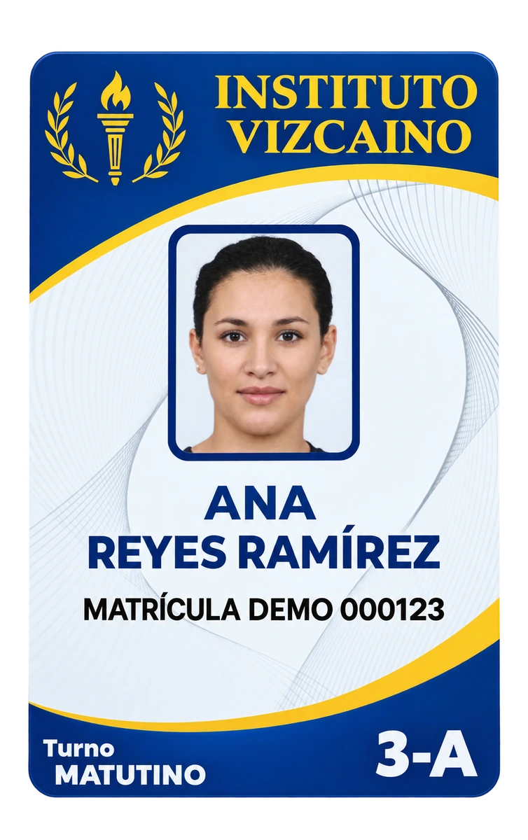 Credencial azul y dorada del Instituto Vizcaíno: Ana Reyes Ramírez, grupo 3-A, turno matutino, matrícula demo 000123