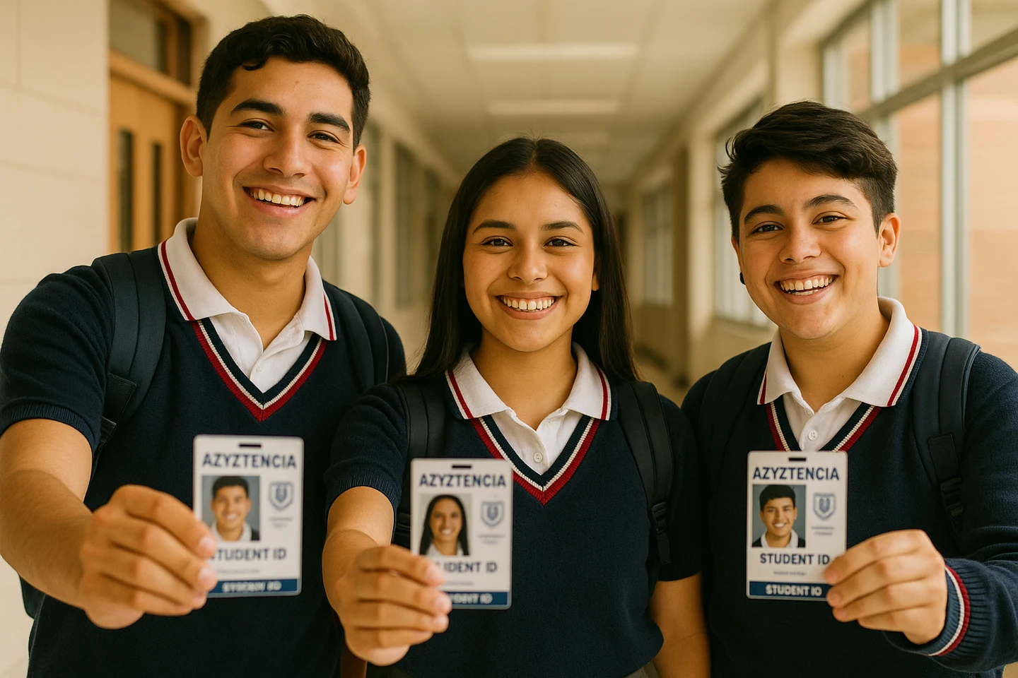 Imagen de presentación de tres estudiantes mostrando sus credenciales escolares