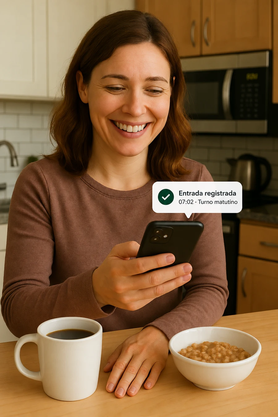 Ilustración de una madre recibiendo en su teléfono un aviso de entrada registrada a las 07:02